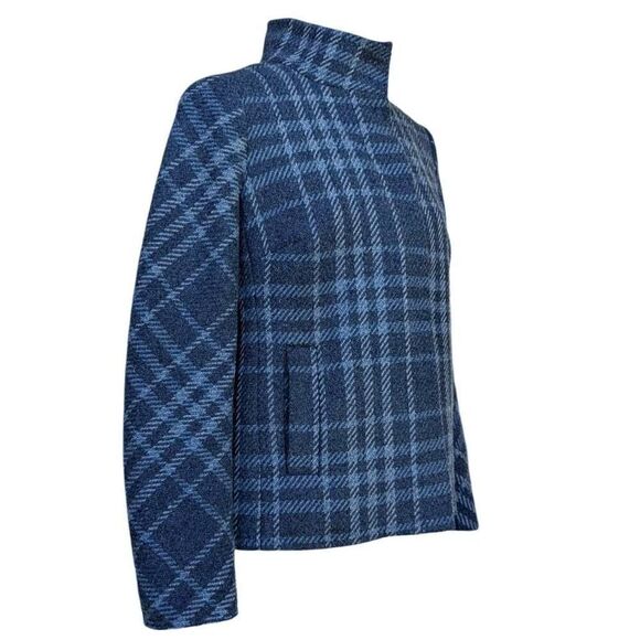 Talbots Blue Gray Plaid Blazer Coat Jacket Wool Pockets Mock Neck Snaps Size 6 - Picture 9 of 9